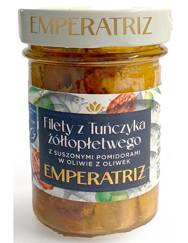 TUŃCZYK ŻÓŁTOPŁETWY FILETY MSC W OLIWIE Z OLIWEK Z SUSZONYMI POMIDORAMI 180 g (120 g) (SŁOIK) - EMPERATRIZ