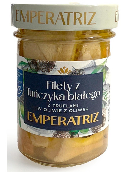 TUŃCZYK BIAŁY FILETY MSC W OLIWIE Z OLIWEK Z TRUFLĄ 180 g (120 g) (SŁOIK) - EMPERATRIZ