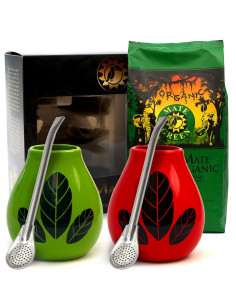 ZESTAW DLA DWOJGA (YERBA MATE BIO 400 g, 2 x MATERO (LOSOWY WZÓR), 2 x BOMBILLA) - YERBA MATE GREEN ORGANIC