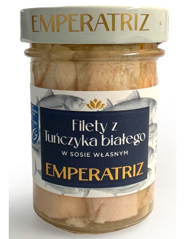 TUŃCZYK BIAŁY FILETY MSC W SOSIE WŁASNYM 185 g (130 g) (SŁOIK) - EMPERATRIZ