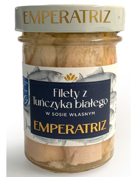 TUŃCZYK BIAŁY FILETY MSC W SOSIE WŁASNYM 185 g (130 g) (SŁOIK) - EMPERATRIZ