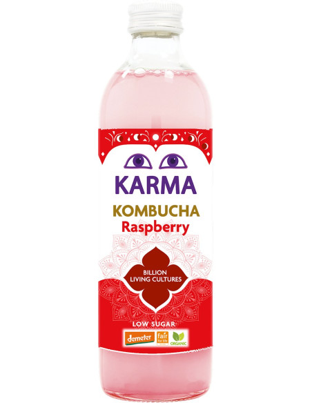 KOMBUCHA O SMAKU MALINOWYM NISKA ZAWARTOŚĆ CUKRÓW FAIR FOR LIFE DEMETER BIO 500 ml - KARMA KOMBUCHA