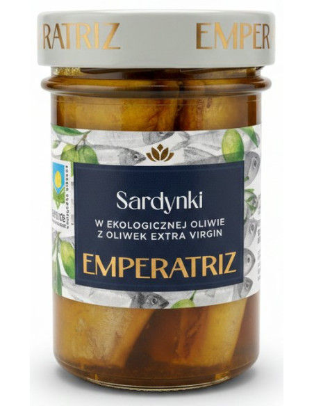 SARDYNKI EUROPEJSKIE W BIO OLIWIE Z OLIWEK EXTRA VIRGIN 180 g (126 g) (SŁOIK) - EMPERATRIZ