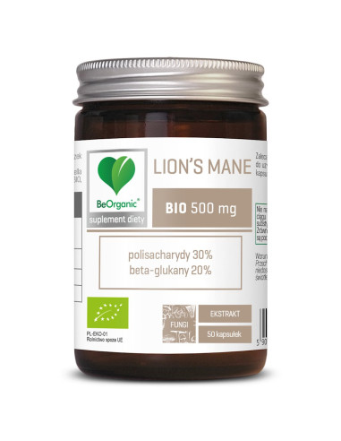 GRZYBY SOPLÓWKA JEŻOWATA (LION'S MANE) EKSTRAKT BIO (500 mg) 50 KAPSUŁEK - BE ORGANIC