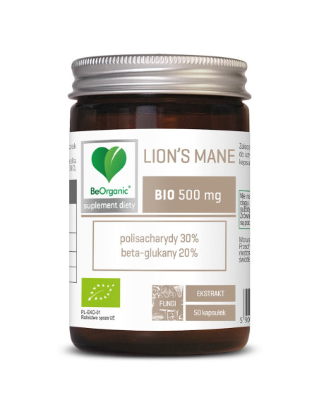 GRZYBY SOPLÓWKA JEŻOWATA (LION'S MANE) EKSTRAKT BIO (500 mg) 50 KAPSUŁEK - BE ORGANIC
