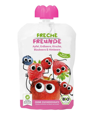 MUS JABŁKO -  TRUSKAWKA - JAGODA - MALINA BEZ DODATKU CUKRÓW BEZGLUTENOWY OD 6 MIESIĄCA BIO 100 g - FRECHE FREUNDE