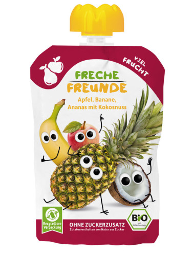 MUS JABŁKO - BANAN - ANANAS - KOKOS BEZ DODATKU CUKRÓW BEZGLUTENOWY OD 6 MIESIĄCA BIO 100 g - FRECHE FREUNDE