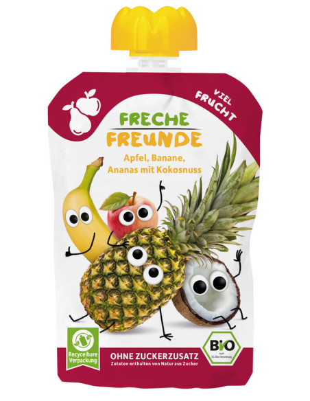 MUS JABŁKO - BANAN - ANANAS - KOKOS BEZ DODATKU CUKRÓW BEZGLUTENOWY OD 6 MIESIĄCA BIO 100 g - FRECHE FREUNDE