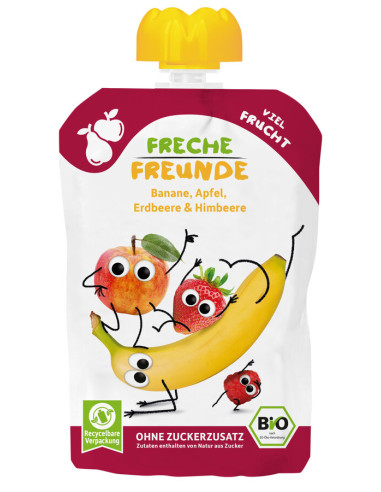 MUS BANAN - JABŁKO - TRUSKAWKA - MALINA BEZ DODATKU CUKRÓW BEZGLUTENOWY OD 6 MIESIĄCA BIO 100 g - FRECHE FREUNDE
