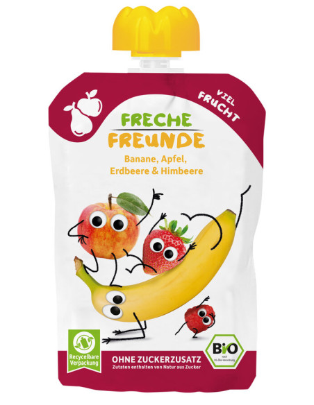 MUS BANAN - JABŁKO - TRUSKAWKA - MALINA BEZ DODATKU CUKRÓW BEZGLUTENOWY OD 6 MIESIĄCA BIO 100 g - FRECHE FREUNDE