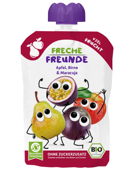 MUS JABŁKO - GRUSZKA - MARAKUJA BEZ DODATKU CUKRÓW BEZGLUTENOWY OD 6 MIESIĄCA BIO 100 g - FRECHE FREUNDE