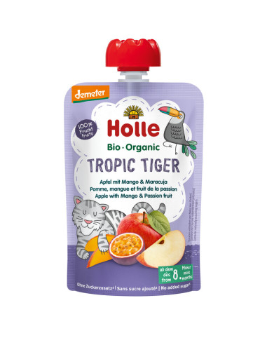 MUS TROPIKALNY TYGRYSEK (JABŁKO - MANGO - MARAKUJA) BEZ DODATKU CUKRÓW OD 8 MIESIĄCA DEMETER BIO 100 g - HOLLE