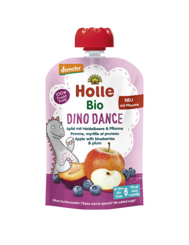 MUS TAŃCZĄCY DINOZAUR (JABŁKO - BORÓWKA - ŚLIWKA) BEZ DODATKU CUKRÓW BEZGLUTENOWY OD 6 MIESIĄCA DEMETER BIO 100 g - HOLLE