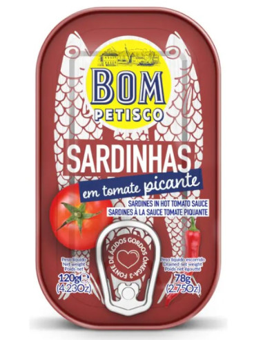 SARDYNKI PORTUGALSKIE W PIKANTNYM SOSIE POMIDOROWYM 120 g (78 g) - BOM PETISCO