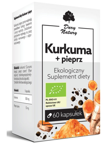 KURKUMA Z CZARNYM PIEPRZEM BIO 60 KAPSUŁEK - DARY NATURY