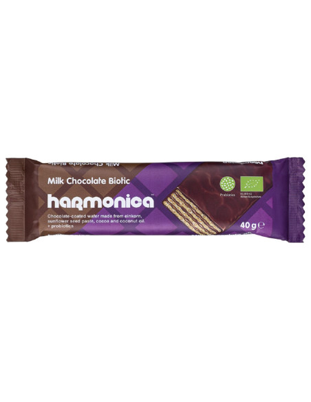 WAFELEK Z SAMOPSZY Z KREMEM MLECZNO - KAKAOWYM W POLEWIE Z CZEKOLADY MLECZNEJ Z PROBIOTYKAMI BIO 40 g - HARMONICA