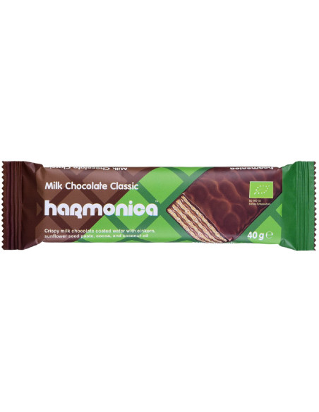 WAFELEK Z SAMOPSZY Z KREMEM MLECZNO - KAKAOWYM W POLEWIE Z CZEKOLADY MLECZNEJ BIO 40 g - HARMONICA