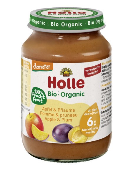 JABŁKO - ŚLIWKA BEZ DODATKU CUKRÓW BEZGLUTENOWE OD 6 MIESIĄCA DEMETER BIO 190 g (SŁOIK) - HOLLE