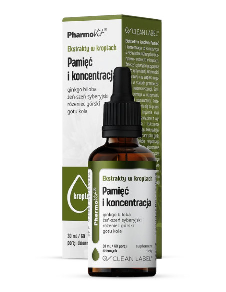 EKSTRAKTY W KROPLACH NA PAMIĘĆ I KONCENTRACJĘ BEZGLUTENOWE 30 ml - PHARMOVIT (CLEAN LABEL)