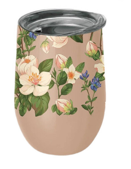 KUBEK TERMICZNY Z POKRYWKĄ BEŻOWY W KWIATY 420 ml - CHIC-MIC