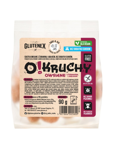 CIASTKA OWSIANE Z ŻURAWINĄ I JABŁKIEM BEZ DODATKU CUKRÓW BEZGLUTENOWE O!KRUCHY 90 g - GLUTENEX