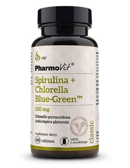 SPIRULINA + CHLORELLA BLUE-GREEN BEZGLUTENOWA 180 TABLETEK - PHARMOVIT (CLASSIC)