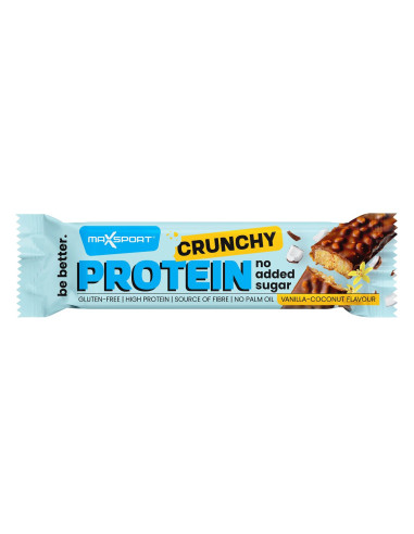 BATON PROTEINOWY CRUNCHY O SMAKU KOKOSA I WANILII W CZEKOLADZIE MLECZNEJ BEZ DODATKU CUKRÓW BEZGLUTENOWY 40 g - MAXSPORT