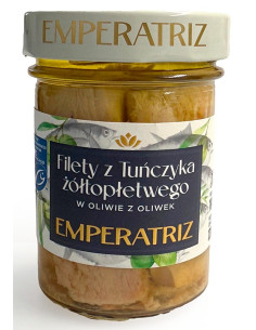 TUŃCZYK ŻÓŁTOPŁETWY FILETY MSC W OLIWIE Z OLIWEK 180 g (120 g) (SŁOIK) - EMPERATRIZ