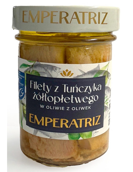 TUŃCZYK ŻÓŁTOPŁETWY FILETY MSC W OLIWIE Z OLIWEK 180 g (120 g) (SŁOIK) - EMPERATRIZ