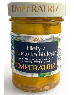 TUŃCZYK BIAŁY FILETY MSC W BIO OLIWIE Z OLIWEK EXTRA VIRGIN 180 g (120 g) (SŁOIK) - EMPERATRIZ