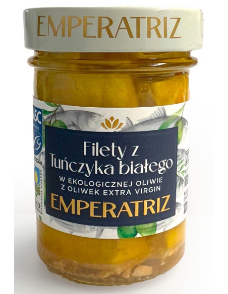 TUŃCZYK BIAŁY FILETY MSC W BIO OLIWIE Z OLIWEK EXTRA VIRGIN 180 g (120 g) (SŁOIK) - EMPERATRIZ