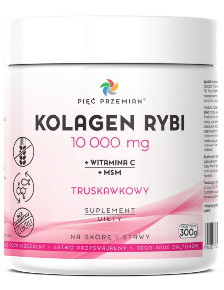 KOLAGEN RYBI + MSM + WITAMINA C TRUSKAWKOWY W PROSZKU BEZGLUTENOWY 300 g - PIĘĆ PRZEMIAN