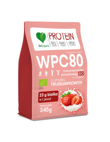 BIAŁKO SERWATKOWE O SMAKU TRUSKAWKOWYM (KONCENTRAT WPC 80) BEZ DODATKU CUKRÓW BIO 345 g - BE ORGANIC