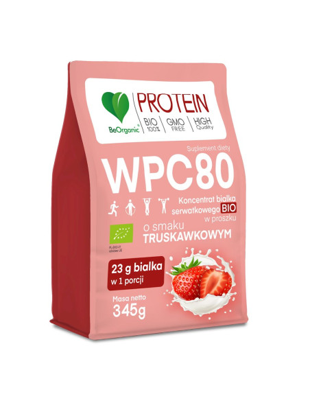 BIAŁKO SERWATKOWE O SMAKU TRUSKAWKOWYM (KONCENTRAT WPC 80) BEZ DODATKU CUKRÓW BIO 345 g - BE ORGANIC