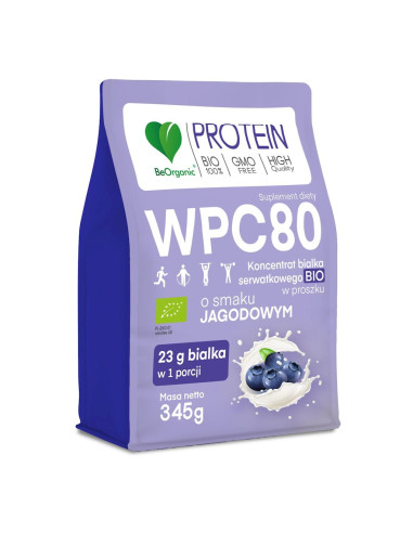 BIAŁKO SERWATKOWE O SMAKU JAGODOWYM (KONCENTRAT WPC 80) BEZ DODATKU CUKRÓW BIO 345 g - BE ORGANIC