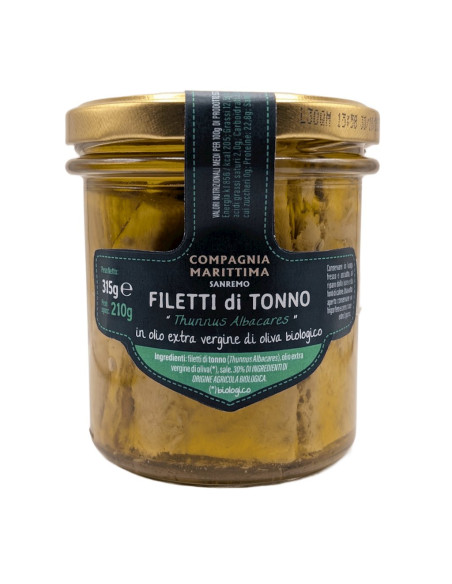 TUŃCZYK ŻÓŁTOPŁETWY FILETY W BIO OLIWIE Z OLIWEK EXTRA VIRGIN 315 g (210 g) (SŁOIK) - COMPAGNIA MEDITERRANEA
