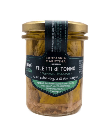 TUŃCZYK ŻÓŁTOPŁETWY FILETY W BIO OLIWIE Z OLIWEK EXTRA VIRGIN 185 g (135 g) (SŁOIK) - COMPAGNIA MEDITERRANEA