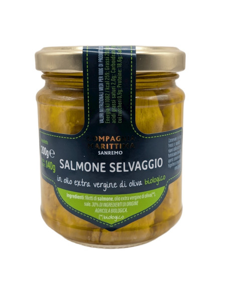 ŁOSOŚ ATLANTYCKI FILETY W BIO OLIWIE Z OLIWEK EXTRA VIRGIN 200 g (140 g) (SŁOIK) - COMPAGNIA MEDITERRANEA