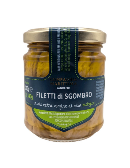 MAKRELA FILETY W BIO OLIWIE Z OLIWEK EXTRA VIRGIN 200 g (140 g) (SŁOIK) - COMPAGNIA MEDITERRANEA