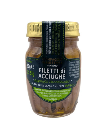 ANCHOIS (SARDELE) FILETY W BIO OLIWIE Z OLIWEK EXTRA VIRGIN 90 g (51 g) (SŁOIK) - COMPAGNIA MEDITERRANEA