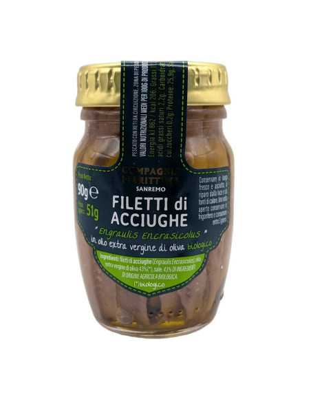 ANCHOIS (SARDELE) FILETY W BIO OLIWIE Z OLIWEK EXTRA VIRGIN 90 g (51 g) (SŁOIK) - COMPAGNIA MEDITERRANEA