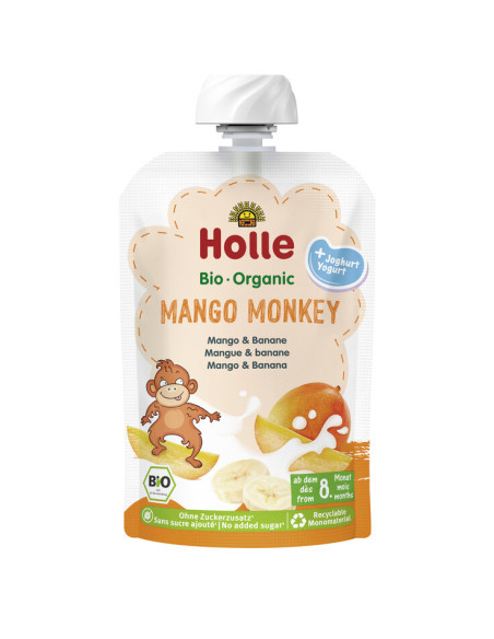 MUS MANGO MAŁPKA (JOGURT - MANGO - BANAN) BEZ DODATKU CUKRÓW OD 8 MIESIĄCA BIO 100 g - HOLLE