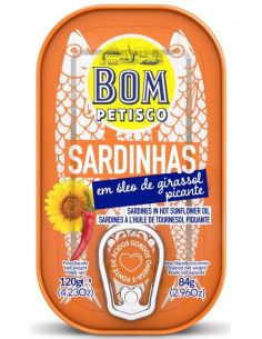 SARDYNKI PORTUGALSKIE W PIKANTNYM OLEJU SŁONECZNIKOWYM 120 g (84 g) - BOM PETISCO
