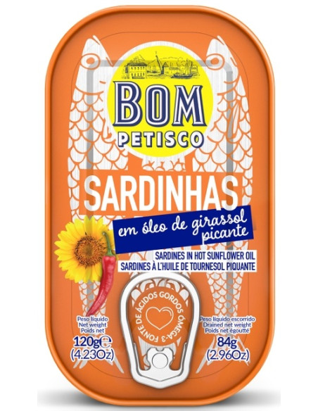 SARDYNKI PORTUGALSKIE W PIKANTNYM OLEJU SŁONECZNIKOWYM 120 g (84 g) - BOM PETISCO