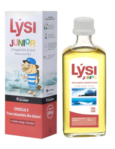 TRAN ISLANDZKI OMEGA-3 (1195 mg) O SMAKU MANGO - LIMONKA DLA DZIECI 240 ml - LYSI JUNIOR