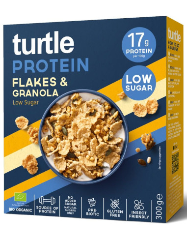 PŁATKI PROTEINOWE Z GRANOLĄ BEZ DODATKU CUKRÓW BEZGLUTENOWE BIO 300 g - TURTLE