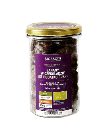 BANANY W SUROWEJ CZEKOLADZIE BEZ DODATKU CUKRÓW BEZGLUTENOWE BIO 300 g - BIOSSOM