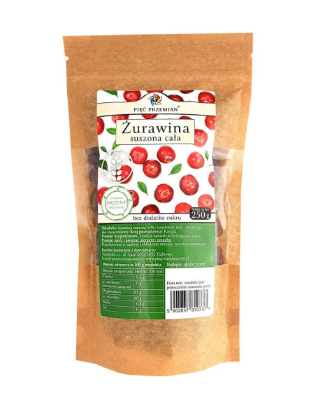 Żurawina cała suszona słodzona sokiem jabłkowym - 250g - Pięć przemian
