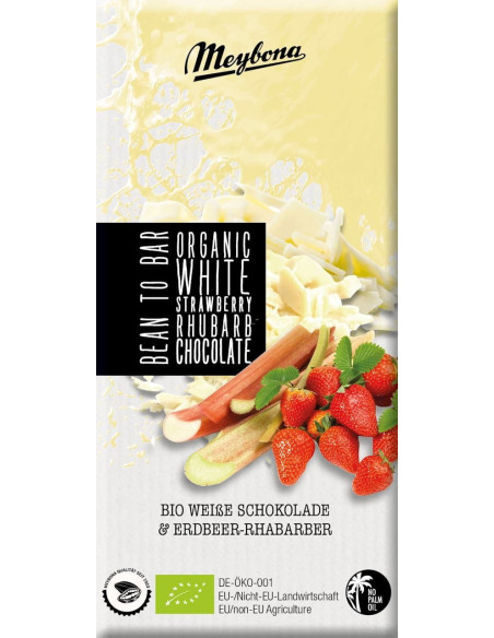 Czekolada biała z truskawkami i rabarbarem Bio - 100g - Meybona