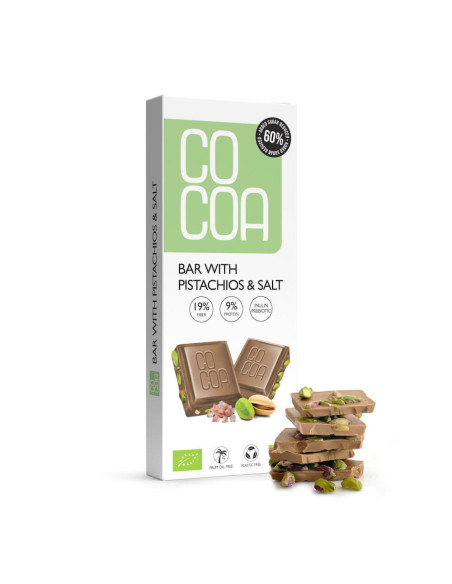 Czekolada biała z pistacjami i solą 60% mniej cukru Bio - 40g - Cocoa